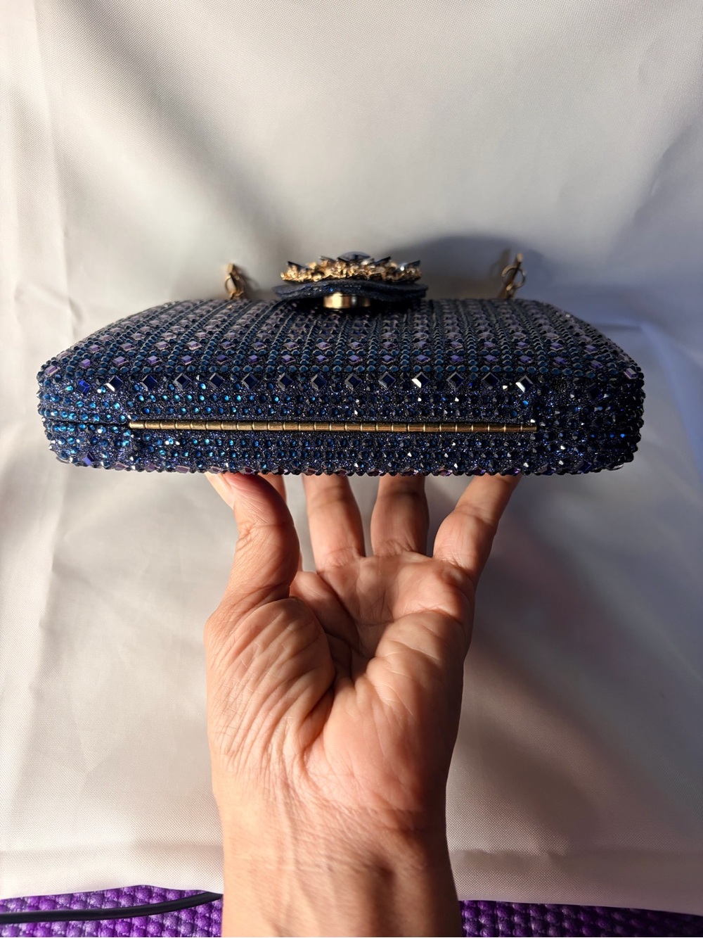 Elegant Navy Crystal Evening Bag with Gold Accents - Picture 9 of 9